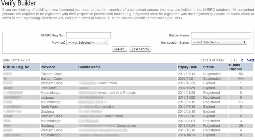 A sample of the search results page from the NHBRC site
